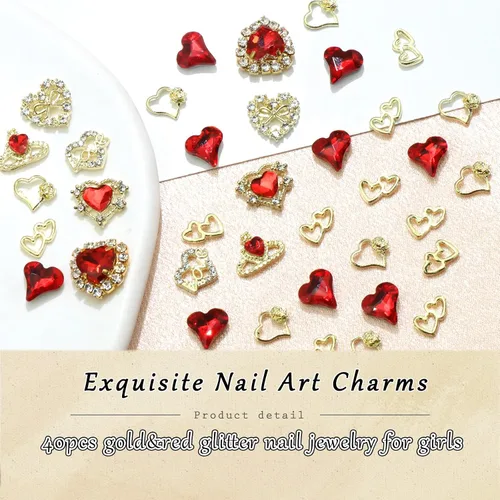 Vista 6 de RODAKY 40 dijes de uñas de corazón de cristal rojo, gemas de uñas para el día de San Valentín para uñas, arte de lujo, accesorios de decoración