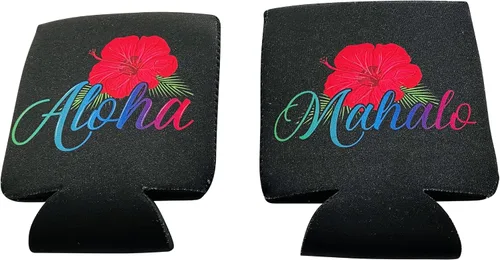 Vista 3 de Aloha Hawaii Hibiscus & Mahalo - Fundas enfriadoras de latas de cerveza (paquete de 2) y 1 calcomanía Aloha - Fundas enfriadoras de latas de cerveza