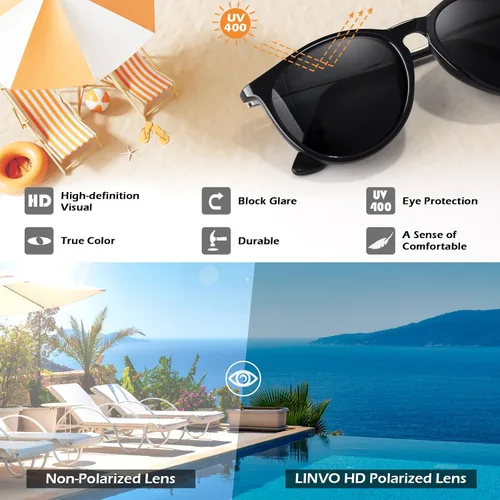 Vista 3 de LINVO Gafas de sol retro para mujer, polarizadas, protección UV, estilo vintage, estilo de diseñador, gafas de sol redondas