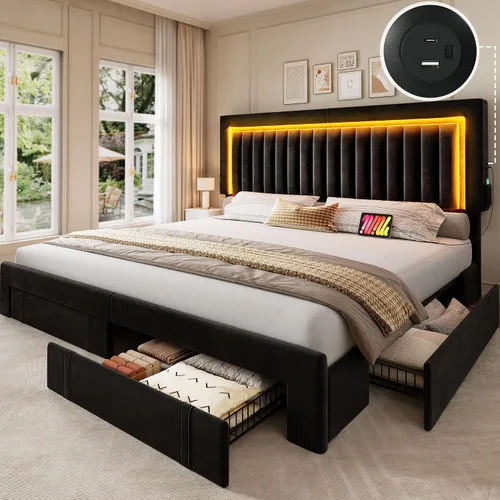 Vista 14 de YITAHOME Base de cama tamaño Queen con cabecera ajustable, 4 cajones de almacenamiento y luces LED RGB, cama de plataforma tapizada de terciopelo