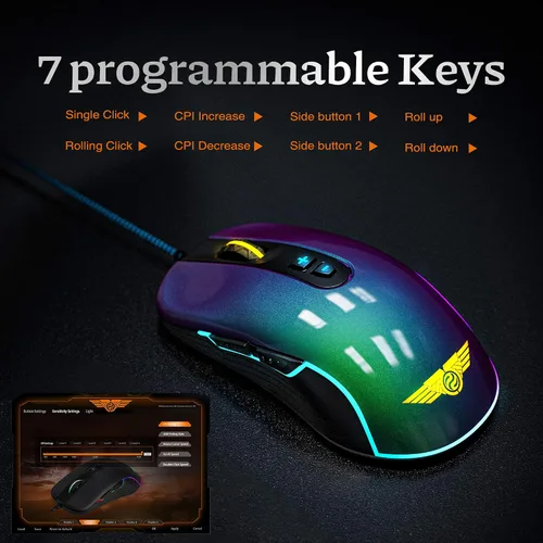 Vista 3 de Newmen Mouse para juegos GX6 RGB 7 botones programables con cable sensor óptico de hasta 7200 DPI retroiluminación RGB mouse ergonómico ligero