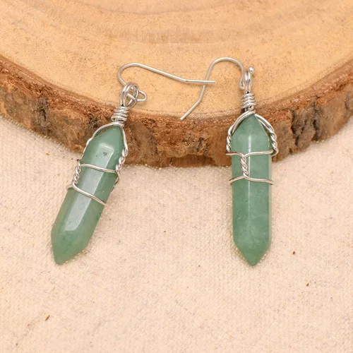 Vista 39 de Pendientes de cristal de punta envuelta en alambre de piedra pulida para mujer Reiki Energy Healing