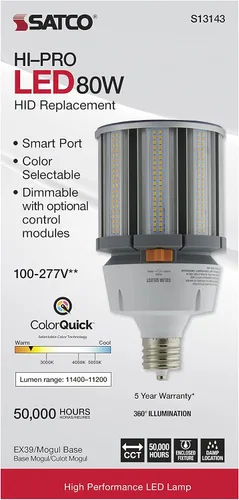 Vista 9 de Satco S13143 Hi-Pro CCT seleccionable 3000K/4000K/5000K lámpara LED con puerto de sensor, reemplazo HID, 80 vatios