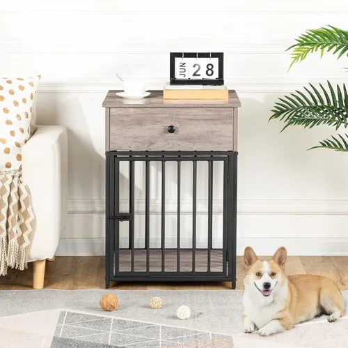 Vista 3 de HOOBRO Muebles de jaula para perros, casa de madera para perros, perrera decorativa con cajón, mesa auxiliar de jaula de interior para perros