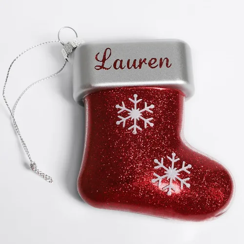 Vista 7 de Let's Make Memories Adorno de Navidad personalizado, cristal con forma de calcetín con purpurina, nombre grabado con láser, tono de joya, adorno
