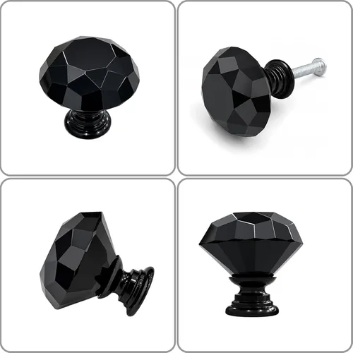 Vista 3 de 6 pomos de cristal de cristal de 1.18 pulgadas para cajones, pomos negros en forma de diamante, manijas con tornillos para cocina, baño, tocador