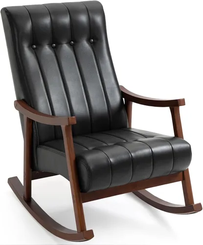 Vista 15 de AVAWING Silla mecedora tapizada con asiento acolchado de tela, cómoda balancín de madera maciza para sala de estar, silla moderna de respaldo alto