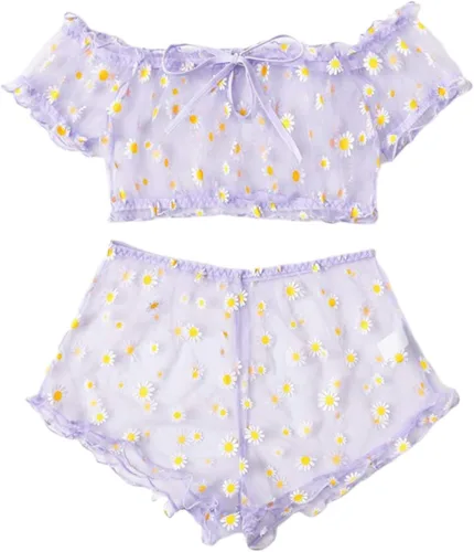 Vista 2 de Springcmy Conjunto de lencería sexy de 2 piezas para mujer, con malla de encaje, ropa de noche, brasier y ropa