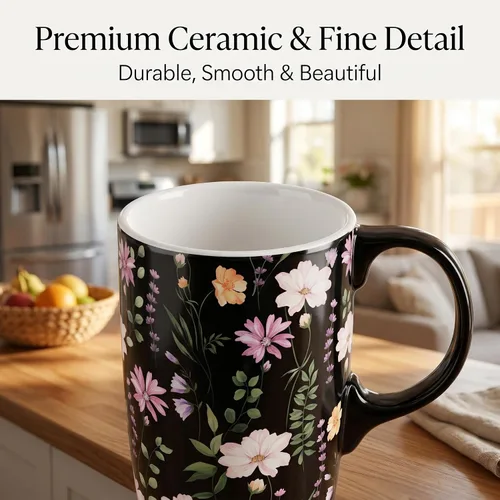 Vista 6 de Taza de café de cerámica de 17 onzas con tapa y asa, taza de viaje floral púrpura, apta para microondas y lavavajillas, taza de café grande con caja