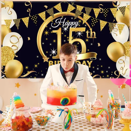 Vista 4 de Decoración de fiesta de cumpleaños número 15, cartel póster de tela extra grande negro y dorado para telón de fondo de cabina de fotos