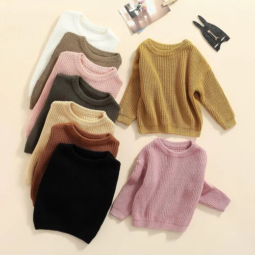 Vista 7 de Suéter de punto para bebé y niña, cuello redondo, manga larga, color caramelo, para otoño e invierno