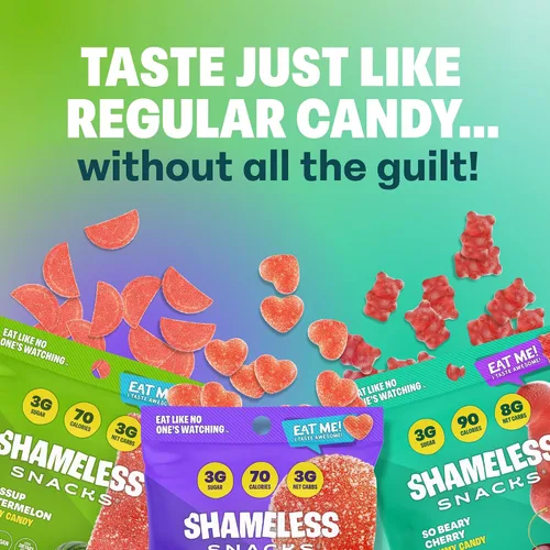 Vista 2 de Shameless Snacks - Gomitas keto bajas en carbohidratos sin gluten - Melocotón, sandía, cereza osada