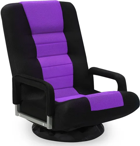 Vista 12 de Silla de juegos giratoria de piso con reposabrazos, sofá reclinable plegable de video con 6 posiciones ajustables, respaldo acolchado y cojín, sofá