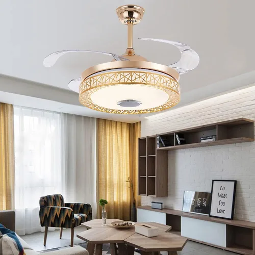 Vista 9 de Candelabro Bluetooth de 42 pulgadas con luces y control remoto, ventilador de techo moderno con cuchillas retráctiles, color dorado