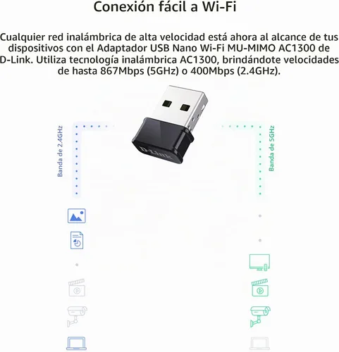 Vista 2 de D-Link Adaptador USB WiFi de doble banda AC1300 inalámbrico para Internet para PC de escritorio, portátil, juegos, MU-MIMO, compatible con Windows