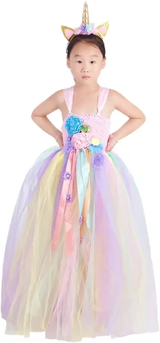 Vista 2 de Unicorniosirena tutú vestido para niñas Unicorniosirena con diadema cintura alta vestido de tul para fiesta 4T 6T 8T 10T