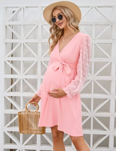 Vista 4 de Coolmee Vestido de maternidad de manga larga con lunares suizos, cuello en V, para otoño, casual, bohemio, vestido midi para baby shower, sesión