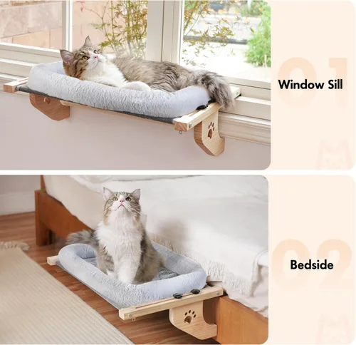 Vista 7 de AMOSIJOY Percha de Ventana para Gatos Sillón de Hamaca Robusto con Funda de Almohadón, Marco de Madera y Metal para Gatos Grandes, Cama de Gato Gris