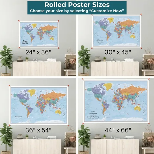 Vista 3 de Póster personalizado en lienzo enrollado con mapa del mundo, arte de pared con chinchetas – Grande 24" x 36" mapa del mundo de océanos azules