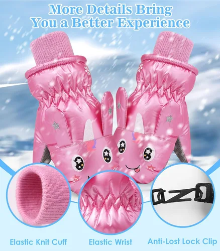Vista 5 de MoKo Guantes de nieve para niños pequeños, guantes cálidos de forro polar coral para niños con hebillas de unión, guantes de esquí impermeables