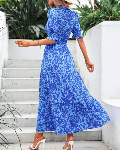 Vista 94 de BTFBM Vestidos para mujer, cuello redondo, casual, de verano, con volantes, manga corta, bohemio, con niveles, fruncido, largo, con estampado floral