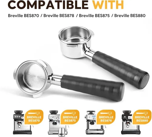 Vista 2 de Mango portafiltro espresso sin fondo de 2.126 in, portafiltro de repuesto compatible con Breville BES870; BES875; BES878; máquinas de café BES880 +