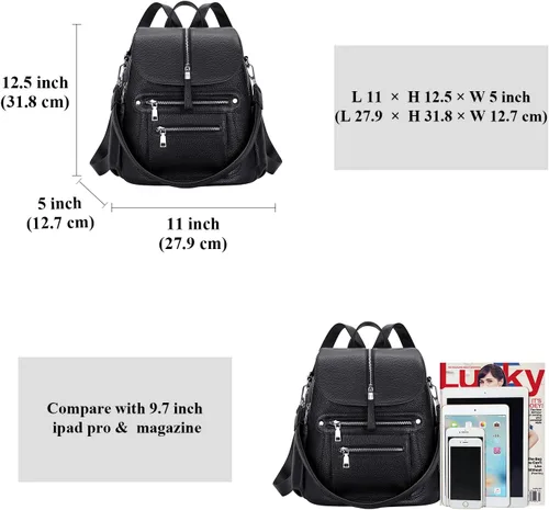 Vista 5 de ALTOSY Mochila de cuero para mujer, bolso casual de moda con múltiples bolsillos y solapa