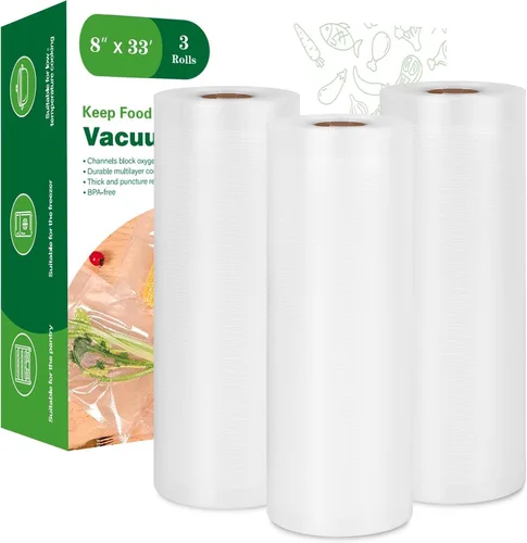 Vista 9 de Moretoes Bolsas selladoras al vacío, 3 rollos de 8 x 16 pies para guardar alimentos, rollos de bolsas de grado comercial, sin BPA, bolsa