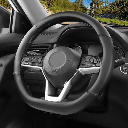 Vista 2 de SEG Direct Funda para volante de coche con fondo plano, forma D, 14 1/2-15 pulgadas (37-39 cm), cuero de microfibra negro