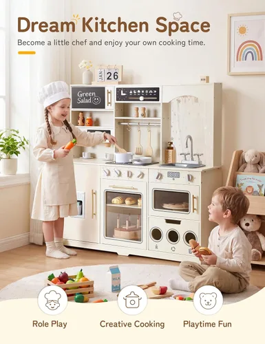 Vista 3 de besrey Juego de cocina para niños, juego de cocina de madera para niños con luces y sonidos reales, cocina de juguete para niños pequeños