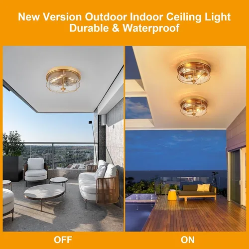 Vista 4 de Foucasal Lámpara de techo dorada de montaje empotrado con pantalla de vidrio semillado, moderna e industrial para exteriores e interiores, 2 luces