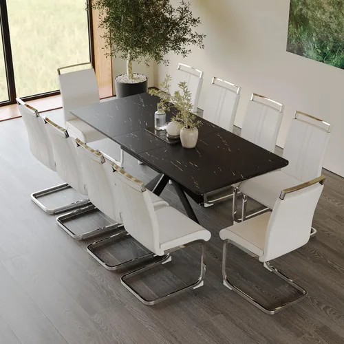 Vista 9 de Mesa de comedor de mármol para 4-8, mesa de comedor extensible de 62.4 a 78.15 pulgadas, mesa de cocina moderna, mesa rectangular que ahorra espacio