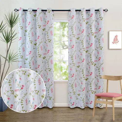Vista 12 de Linentalks Juego de 2 paneles de cortinas opacas florales de 63 pulgadas de largo, cortinas opacas cortas con aislamiento térmico para sala