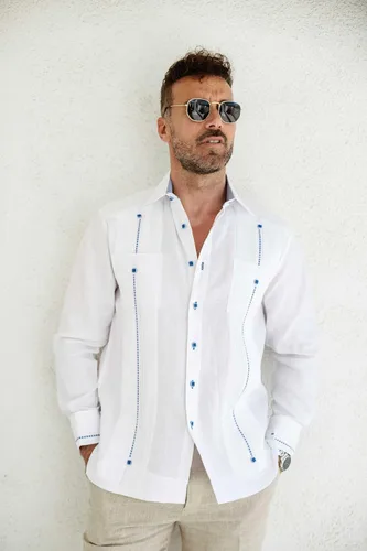 Vista 3 de Mojito Guayabera Camisa Chacabana 100% lino con contraste de manga larga y puño francés