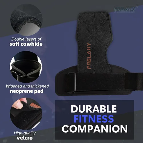 Vista 4 de Frelaxy Correas de muñeca de levantamiento de pesas para mujeres y hombres, agarres de levantamiento de pesas con bucle de muñeca, cuero de doble