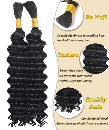 Vista 3 de Cabello humano a granel para trenzar, paquetes de cabello humano rizado 12A para mujeres negras, 16 pulgadas, onda profunda, sin trama, trenzas