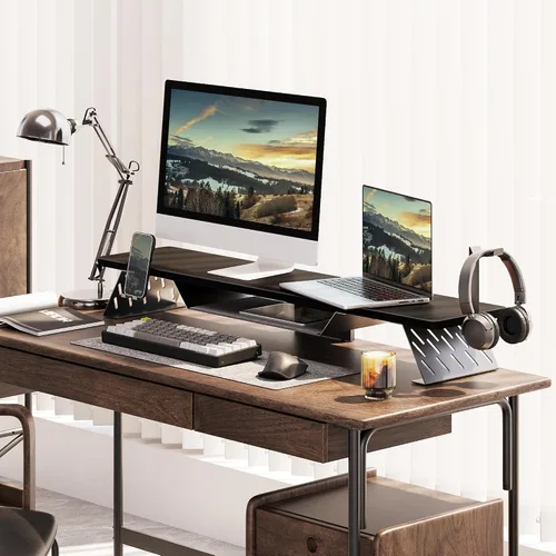 Vista 2 de Fenge Soporte de monitor doble, elevador de monitor de 42.5 pulgadas para escritorio, estante de escritorio de madera para 2 monitores, estante
