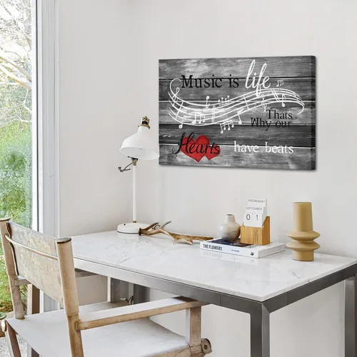 Vista 4 de SkenoArt Lienzo musical para pared, tema musical, inspirador, arte de pared con texto en inglés "Music is Life That is Why Our Hearts Have Beats