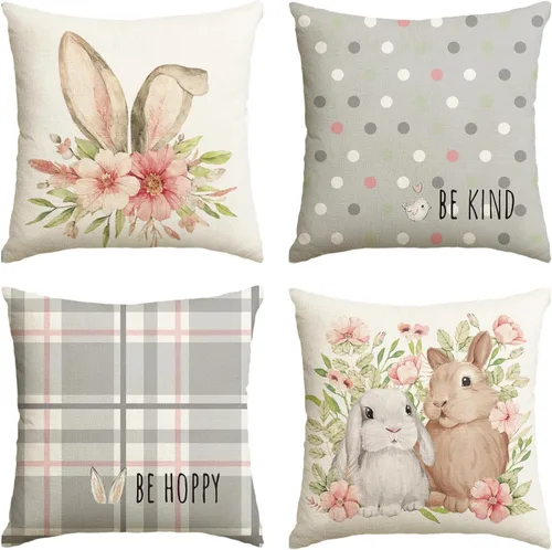 Vista 10 de AVOIN colorlife Juego de 4 fundas de cojín de Pascua con diseño de búfalo y flor de conejo de Pascua Be Hoppy Bule, 18 x 18 pulgadas, diseño