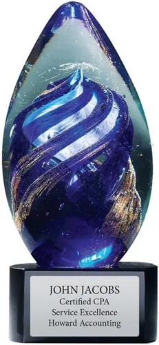 Vista 5 de Baudville Trofeo de lágrima de cristal grabado Azul-oro redondo