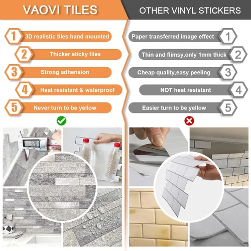 Vista 5 de VAOVI Azulejo de Salpicaduras Autoadhesivo Cocina Piedra Estilo Metro Lineal Mosaico Baño Ducha Pared Impermeable (5 piezas, Gris)