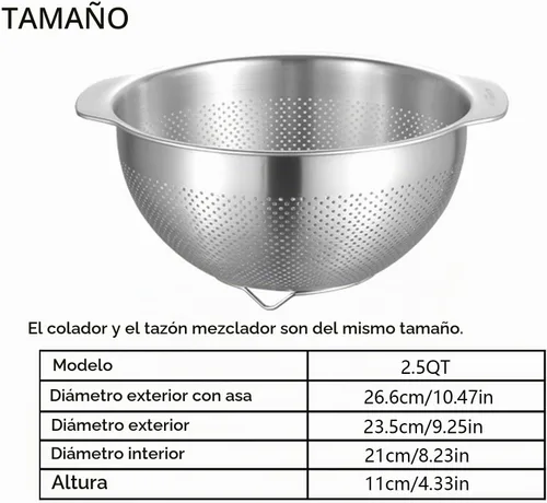 Vista 2 de Colador de Micropozos de Acero Inoxidable 18/8, Gran Capacidad de 2.5 Cuartos con Mango, Cesta Coladora de Alimentos de Cocina para Lavar Verduras