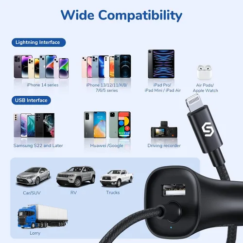 Vista 7 de [Certificado MFi de Apple] Syncwire Cargador de coche para iPhone de 32 W, cargador de teléfono súper rápido, encendedor de cigarrillos, adaptador