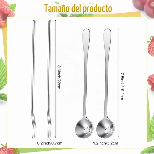 Vista 2 de Didaey Juego de 4 coladores de tenedor para pepinillos y cucharas de aceituna de acero inoxidable con mango largo, cuchara de servir con orificio