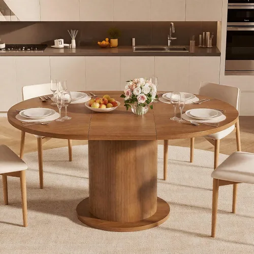 Vista 7 de Mesa de comedor redonda de 59 pulgadas para 6, moderna mesa de cocina de granja, mesas de comedor circulares con base de tira de madera para cocina