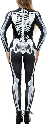 Vista 3 de Fixmatti - Disfraz de fiesta de Halloween para mujer, traje de manga larga con estampado de calavera