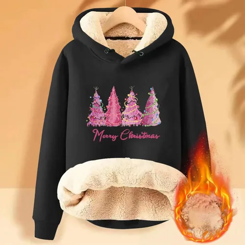 Vista 3 de Sudaderas con capucha de Navidad para mujer, con forro de sherpa de invierno, diseño de árbol de Navidad, sudadera de forro polar
