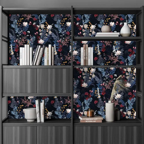 Vista 5 de VEELIKE Papel tapiz botánico oscuro para despegar y pegar, papel tapiz floral negro para dormitorio, baño, sala de estar, 17.7 x 118 pulgadas, papel