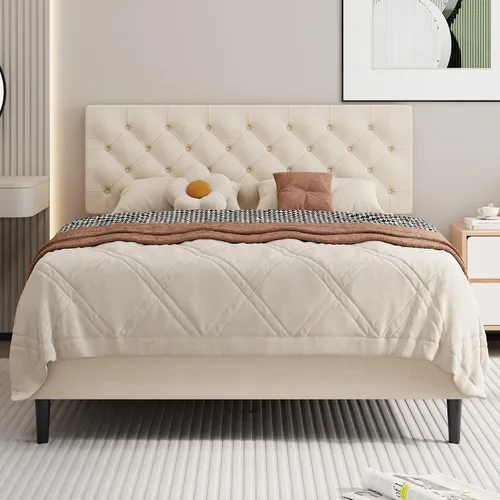 Vista 11 de BarnFurin Marco de cama tamaño completo con cabecero, cama de plataforma tapizada con cabecera acolchada con botones ajustables, marco de cama