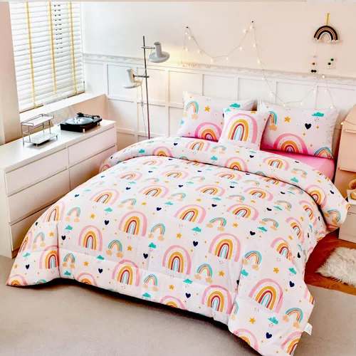 Vista 16 de ANGIYUIN - Juego de edredón infantil de gradiente arcoíris púrpura profundo, 6 piezas, ropa de cama con purpurina brillante para niñas, juego